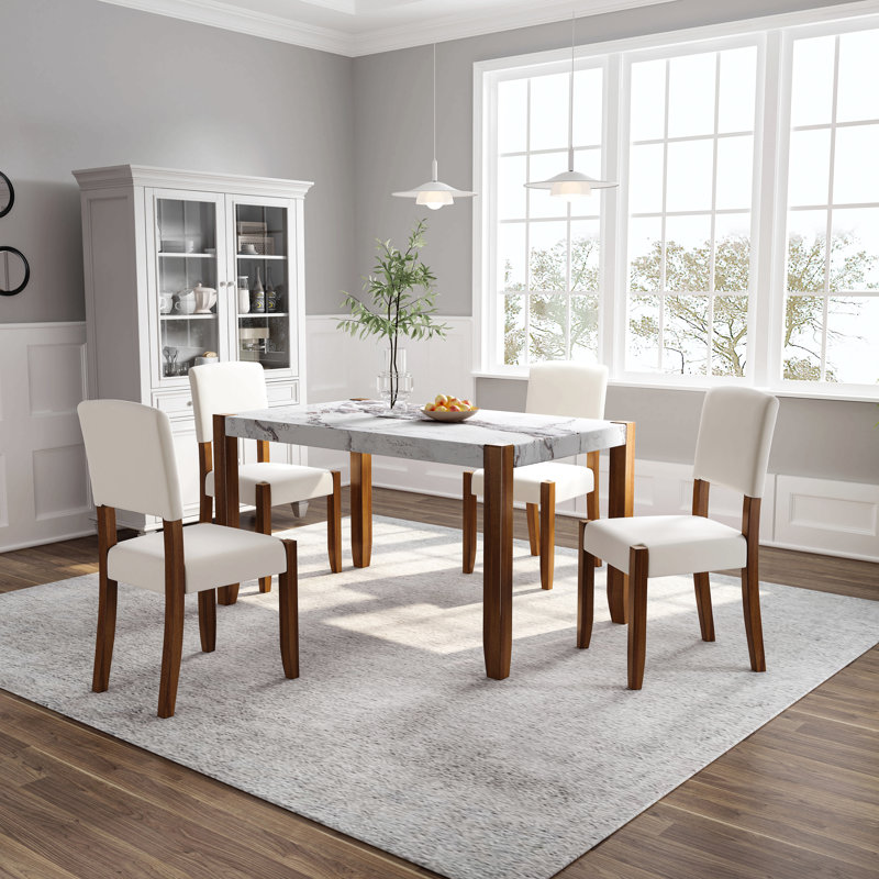 Ensemble de mobilier de salle à manger moderne 5 pièces, coin repas pour 4 personnes pour la cuisine, table de style faux marbre de 46 po et 4 chaises rembourrées avec pieds en bois d'hévéa massif