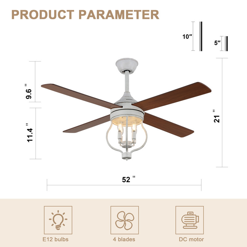 Kahliel 52" Industrial 4-Light Caged Ceiling Fan with Lights and Remote, 6-Speed Reversible Ceiling Fan, Brown, White