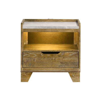 Table de chevet en chêne moyen avec intégration à DEL, structure en bois d'hévéa massif, finition en faux marbre, ports de chargement arrière, glissières de tiroir en métal, éclairage ouvert, finition de pièce de chambre à coucher à DEL intégrée, base,