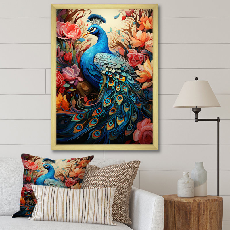 Peacock Gouache I - animaux, art mural sur toile, Encadrement doré, H 40 po x l 30 po x P 1,5 po