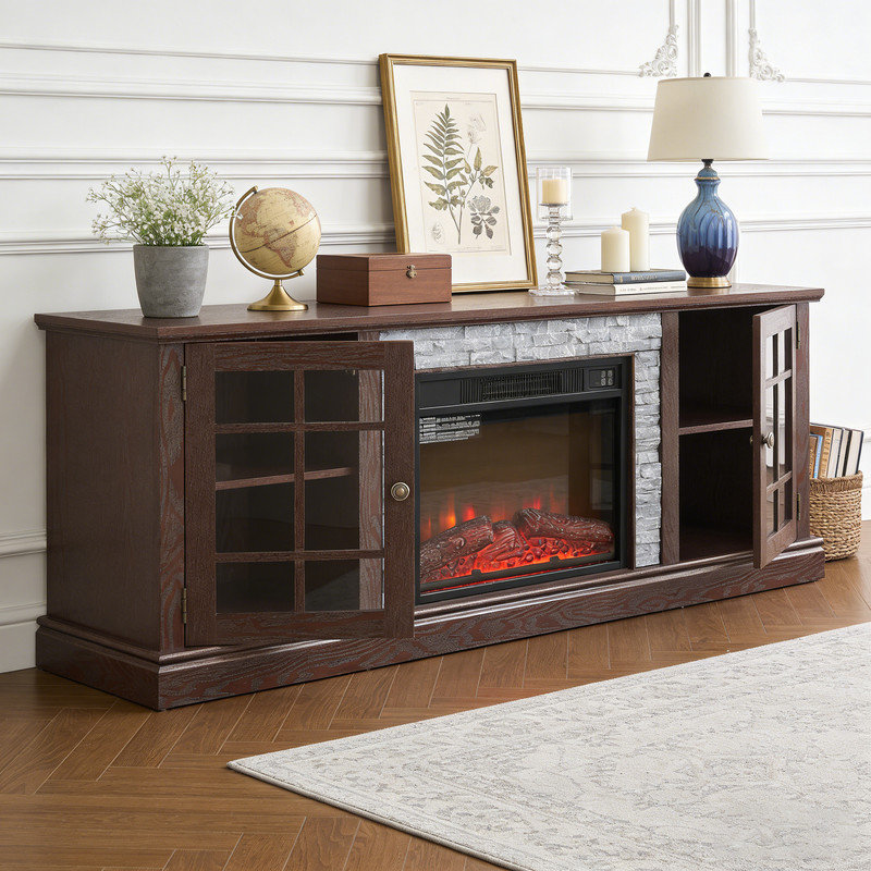 Meuble télé 70 po avec foyer au fini pierre artificielle, grande console multimédia et centre de divertissement pour le salon