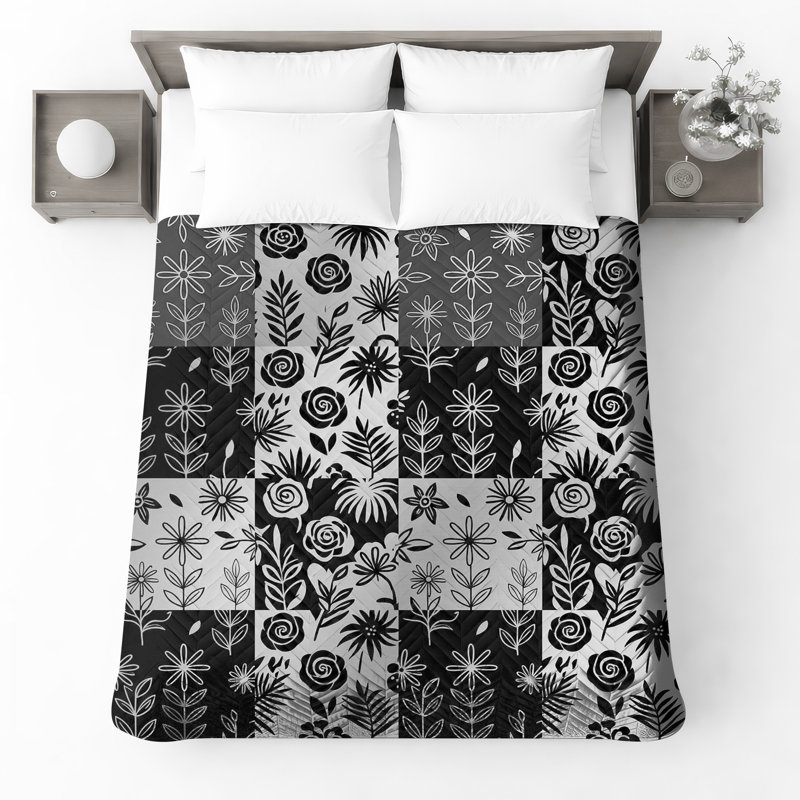 Couvre-lit matelassé à motif floral noir et blanc toutes tailles, Lit simple