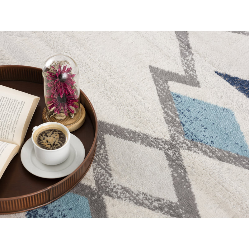 Strathearn Blue and Ivory Southwestern Runner Rug, Runner 2' x 8'