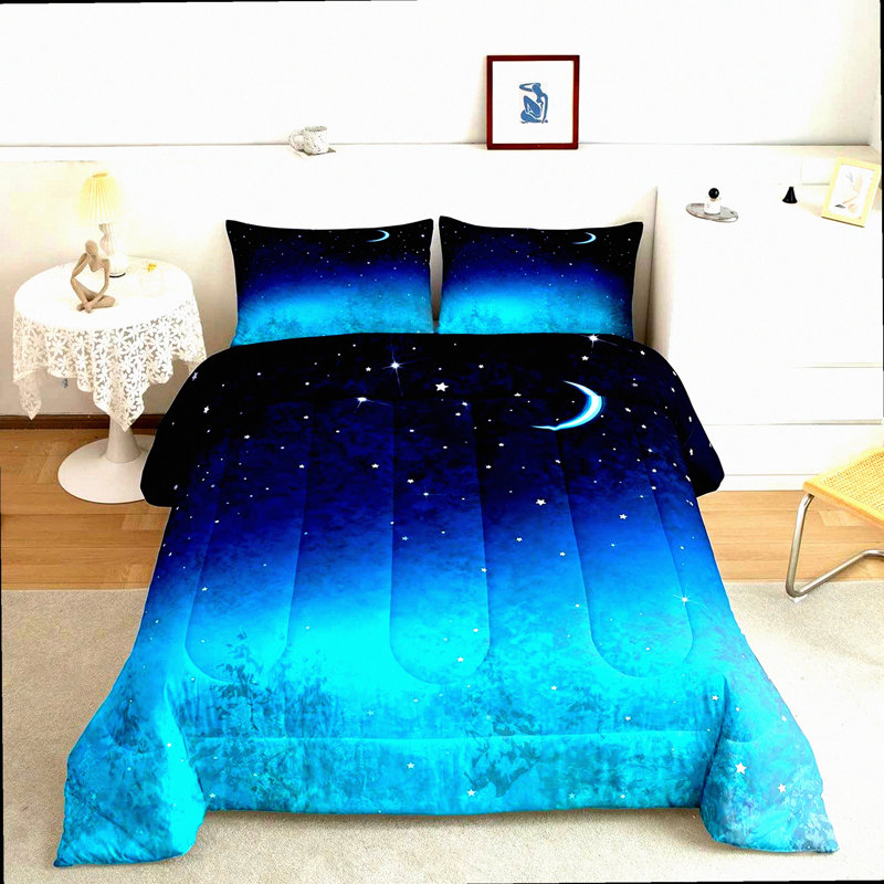 Starry Sky Dreamer Bedding Set - Full Size 3 Piece Galaxy Comforter Set with Moon and Stars Design, Soft Reversible Duvet Insert and 2 Pillow Shams in Navy Blue Gradient. Perfect for a Kawaii Aesthetic Bedroom!