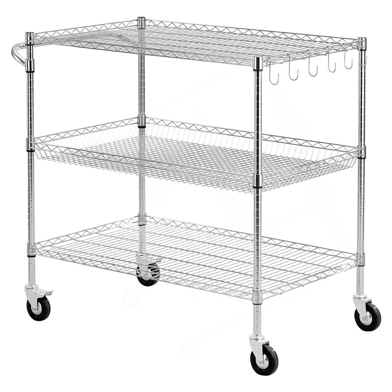 Chariot de rangement roulant robuste à 3 niveaux avec tablettes métalliques réglables et table de travail