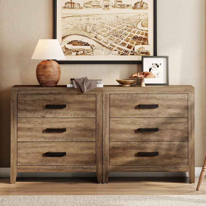 Farmhouse 3 Drawer Dresser Set Of 2, Wooden Chest Of Drawers, Large Nightstand Bedside Table, Modern Closet Storage Organizer For Bedroom, Hallway, Living Room, Living Room, Hallway, Brown