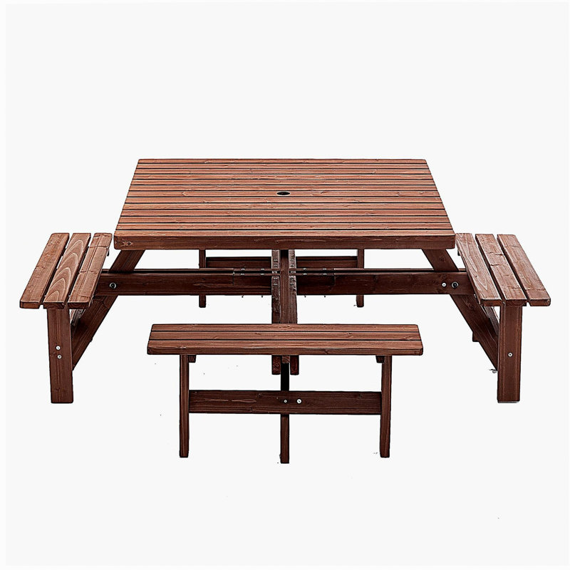 Table de pique-nique carrée pour 8 personnes avec trou pour parasol