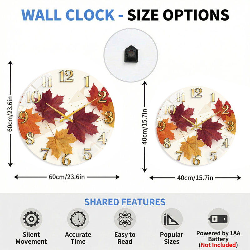 "Autumn Leaves", horloge murale en verre, 40 x 40 cm (15,7 x 15,7 pouces)