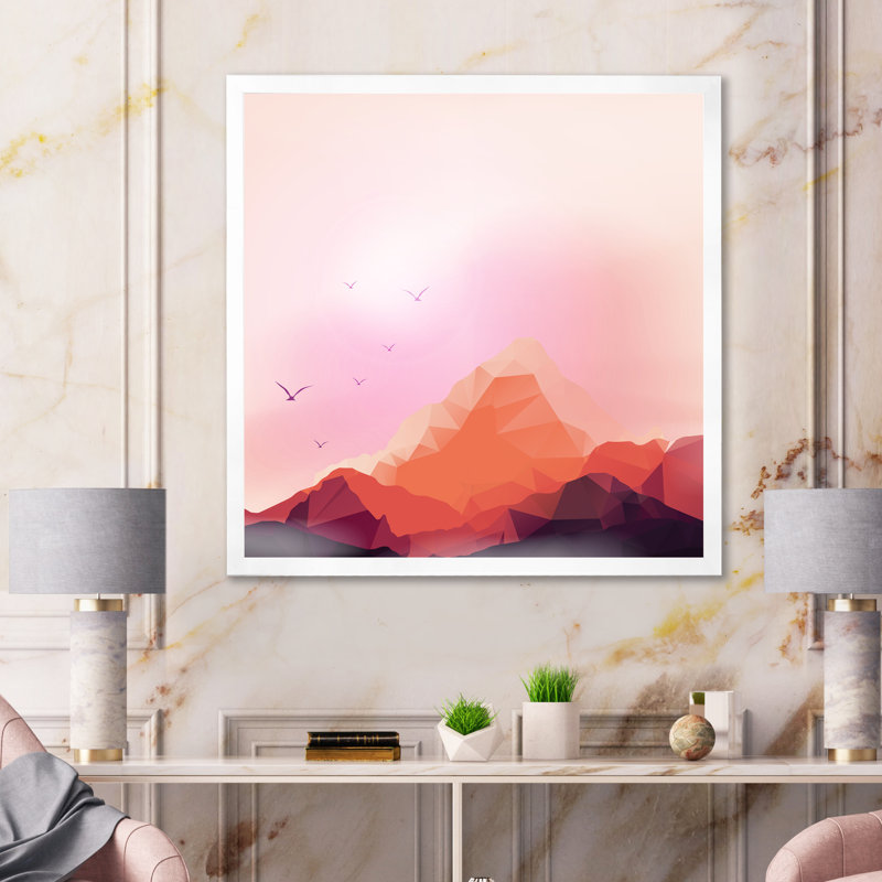 «Red Geometric Mountain and Sunset», impression sur toile, H 30 po x l 30 po, Cadre photo blanc