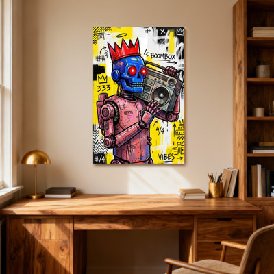 Fashion Robot With Crown Holding Boombox Graffiti Art