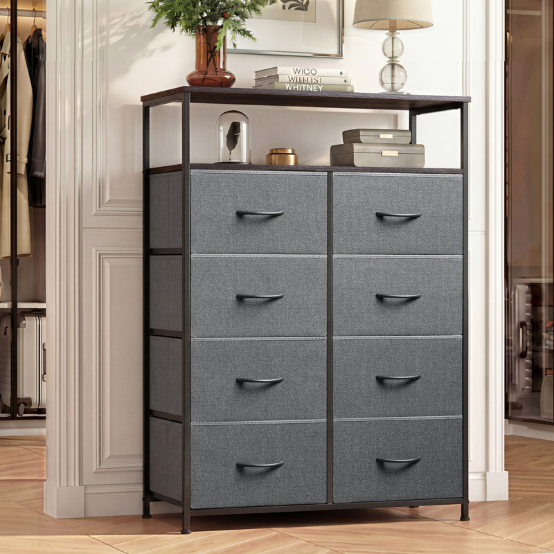 Chaseburg 8-Drawer Dresser With Open Media Shelf, 45.9'' Tall Dresser With Wooden, Storage Tower With Sturdy Frame, Chest of Drawer For Closet, Hallway