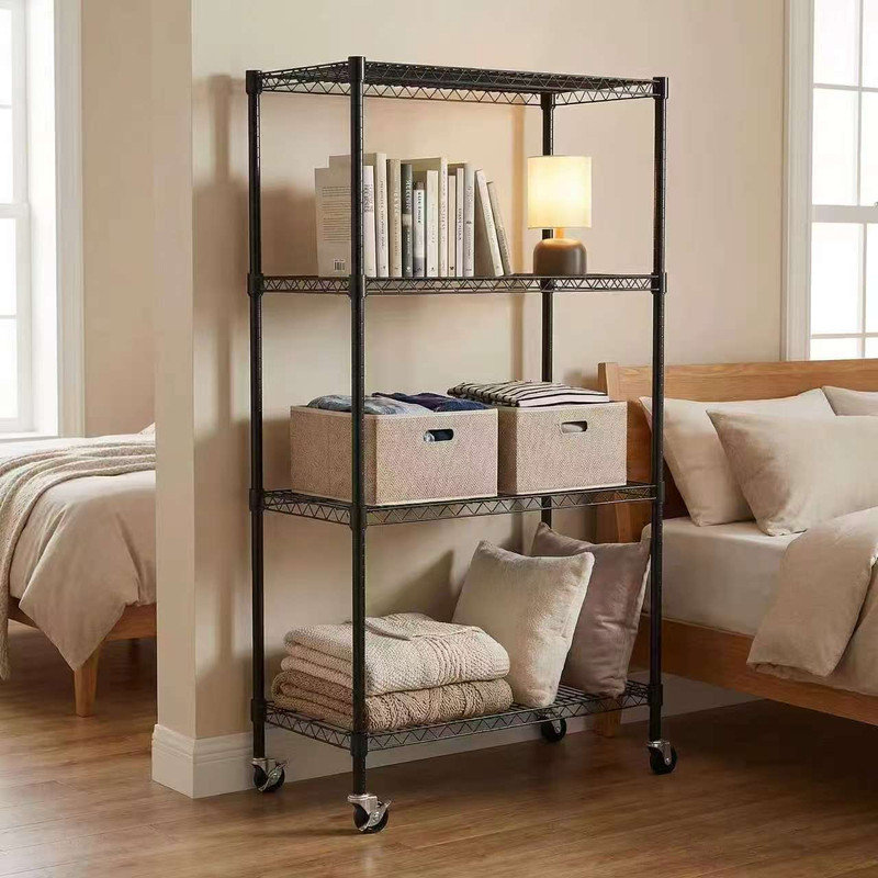 Étagère grillagée à 4 niveaux avec roulettes, l 35,43 po x P 17,72 po x H 66,54 po, noir, Noir