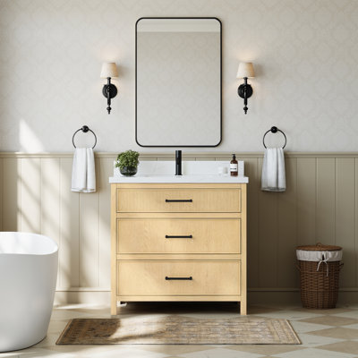 Meuble-lavabo simple 36 po Isola en chêne scandinave, comptoir en quartz Giotto, lavabo carré encastré (1 trou), garniture noir mat
