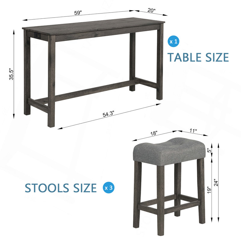 4 Piece Bar Table Set With Power Outlet,Bar Table Set With Chairs,Sofa Bar Table With Stools,Behind Couch Table With 3 Padded Stools,For Living Room,Dining Room, Dark Grey