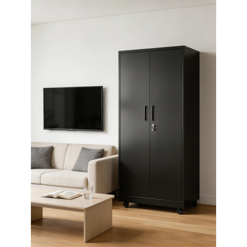 71" Black Rolling Steel Storage Locker Cabinet With Lockable Doors, Ideal For Home, Office, School, Gym, Staff And Fire Department Use
