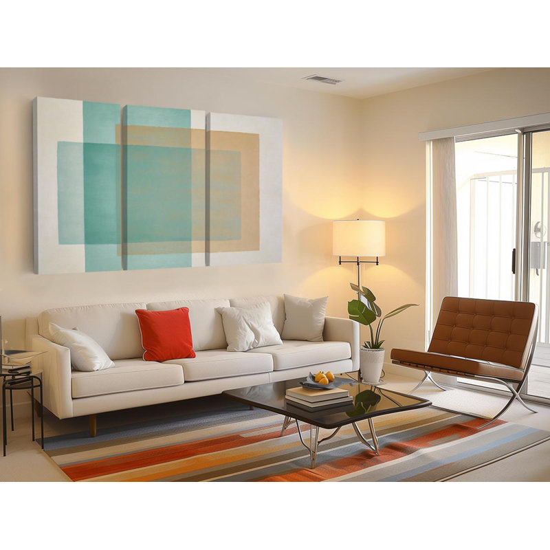 Reproduction d'art abstrait géométrique sur toile abstrait bleu sarcelle et beige 3 pièces, décor moderne Mid Century, bloc de couleurs bohème minimaliste, grand bureau, reproduction de peinture