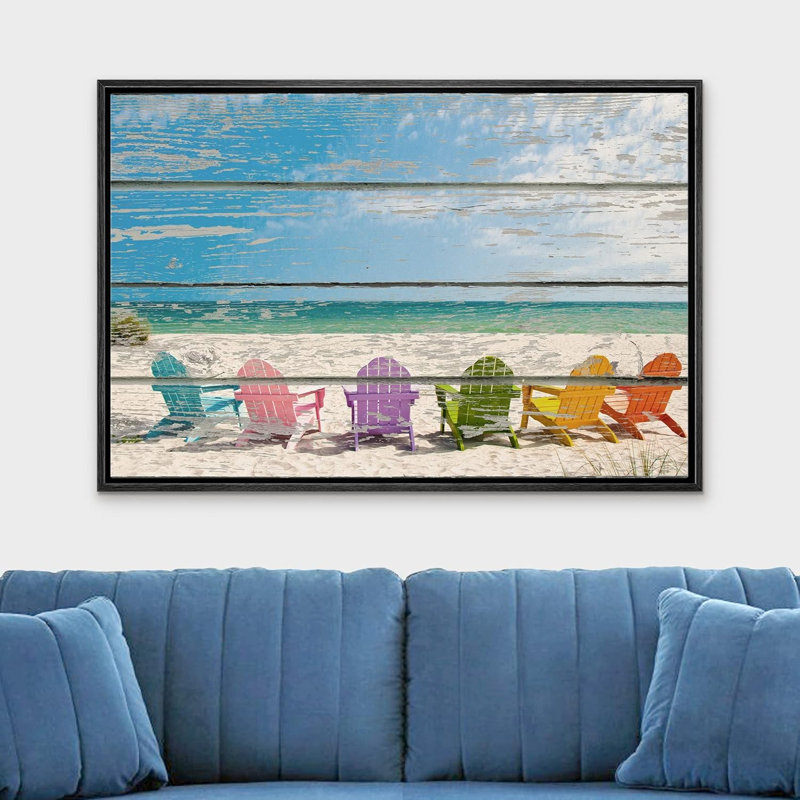 «Coastal Beach Colorful Beach Chairs on White Soft Sand», impression sur toile tendue, H 16 po x l 24 po, Cadre flottant noir