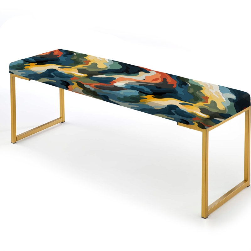 Camouflage Upholstered Gold Bench, Abstract Nautical Depiction