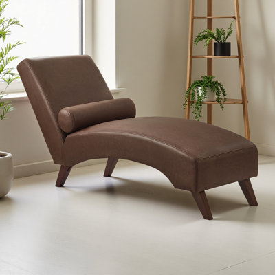 Chaise Lounge Chair with Bolster Pillow, Upholstered in Premium Tech Fabric – Mid-Century Modern Curved Lounger for Living Room