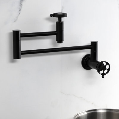Kingston Brass Wendell Two-Handle 1-Hole Wall Mount Pot Filler Faucet with Knurled Handle