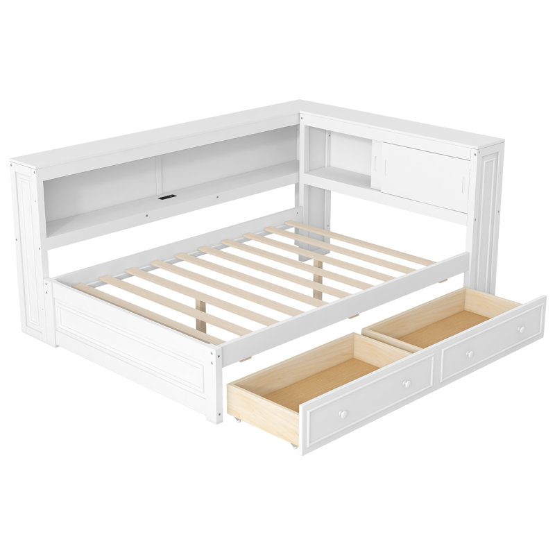 Lit de jour en bois pleine grandeur avec tablettes de rangement, USB, DEL et 2 tiroirs
