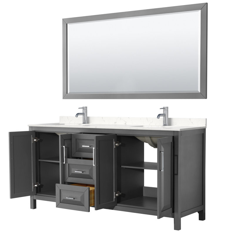 Daria 72'' Double Bathroom Vanity with Carrara Marble Top with Mirror, Polished Chrome, Dark Gray