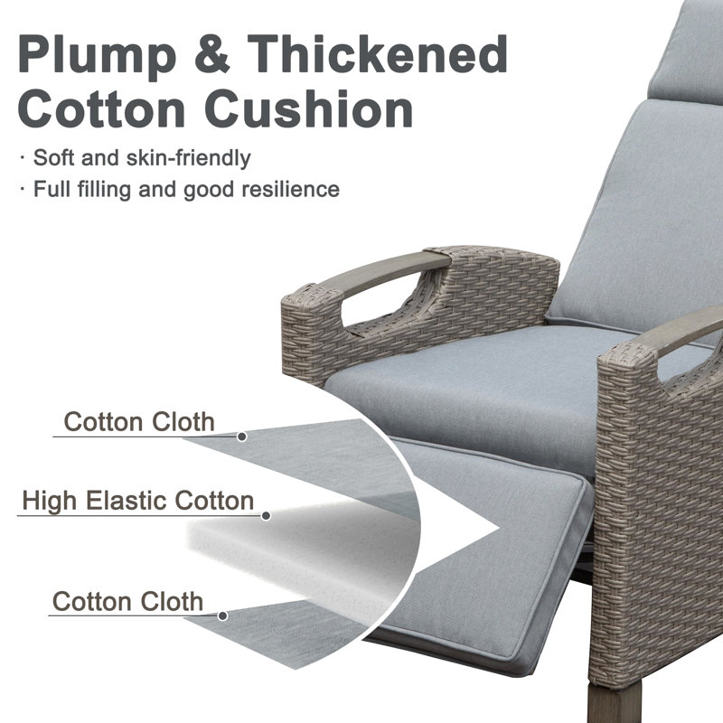 Fauteuil inclinable d'extérieur en résine tissée à la main, coussins épais de 6,8 po, gris, angle réglable, table rabattable pour profiter du fauteuil inclinable avec coussins gris d'intérieur et d'utilisation
