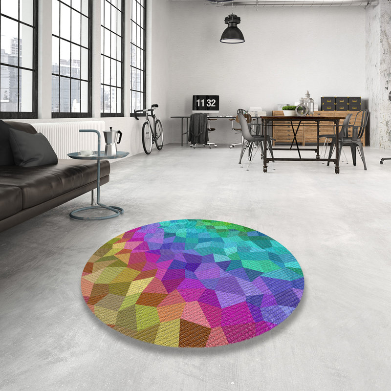 Tapis rose à motifs/bleu aqua/vert zone verte, Rond 7 pi