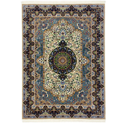 Tapis bleu / jaune / noir en laine noué à la main Platth