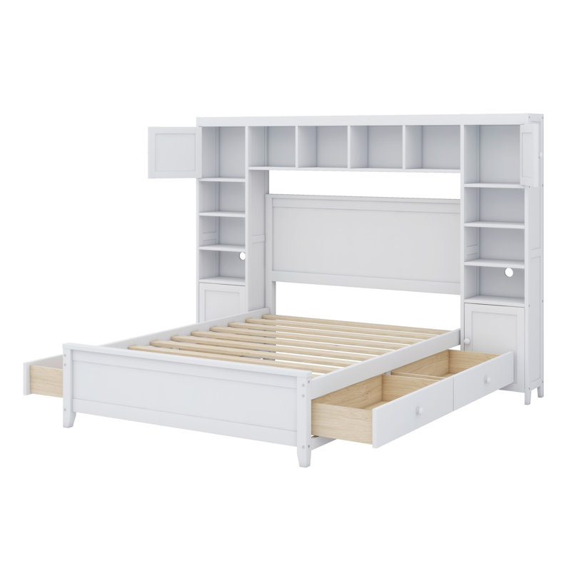 Lit plateforme double avec rangement double, Blanc