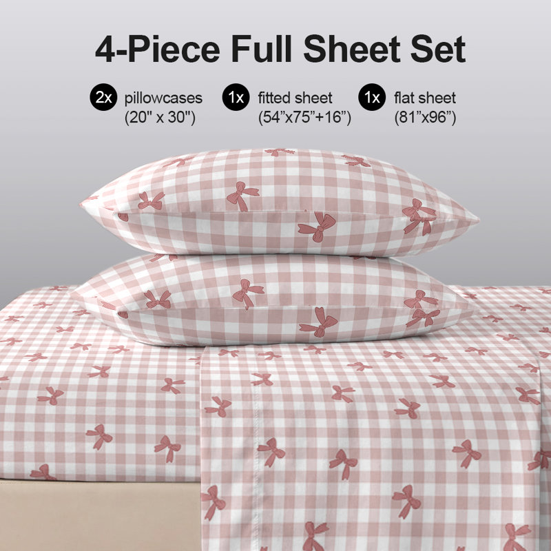 Sheet Set, Full Sheet Set with 2 Pillowcases, Gingham Plaid Bow