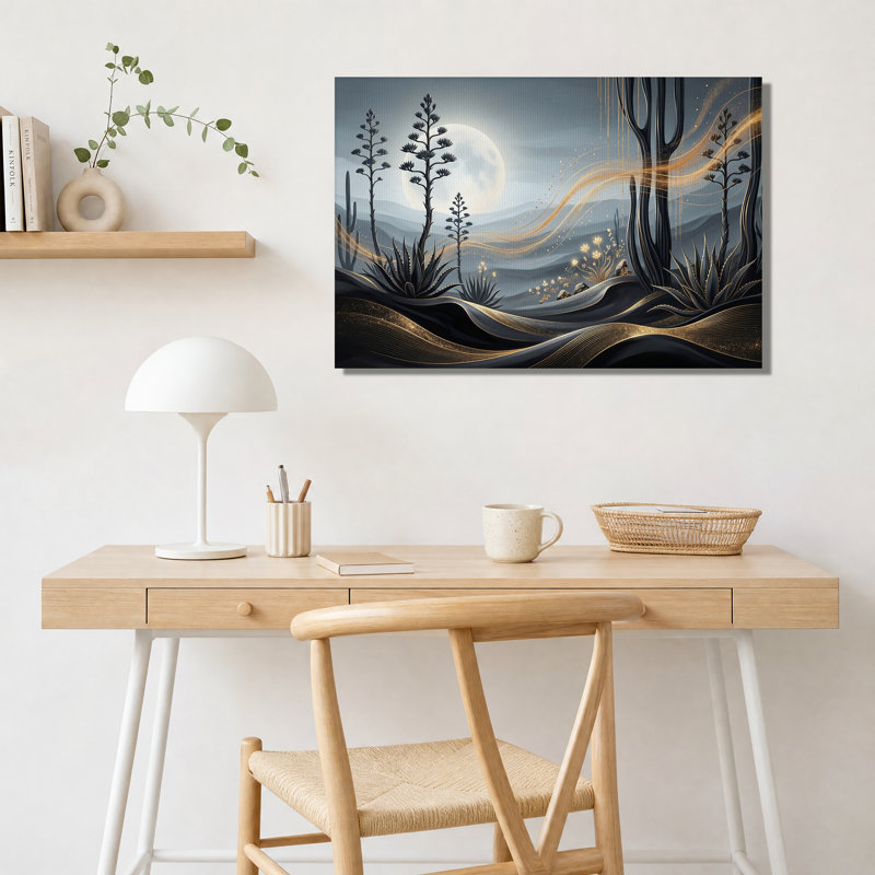 Tableau sur toile représentant un paysage désertique au clair de lune avec des cactus et des volutes dorées