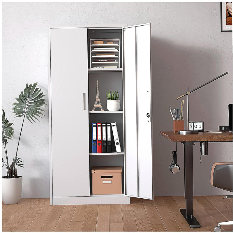 Armoire de rangement en métal 71 po H, armoire verrouillable en acier à outils blanc avec portes et 3 tablettes réglables, armoires hautes pour systèmes de rangement de garage