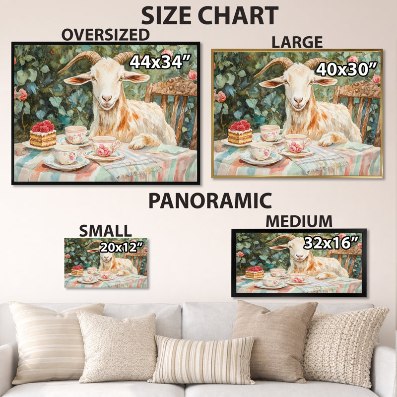 Rose Garden Tea Party II - Tableau encadré avec chèvre, H 16 po x l 32 po, Cadre photo blanc