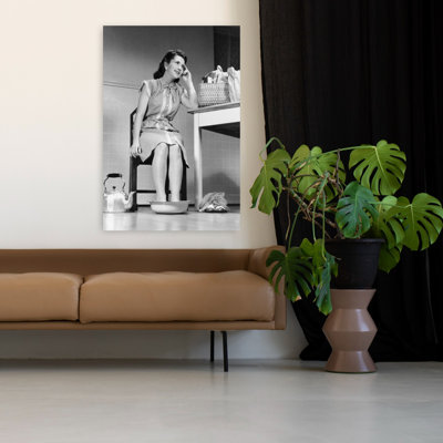 1940S House Wife Woman Home From Grocery Shopping Shoes Off Sore Feet Soaking Pan Of Hot Water Classic Retro Vintage Urban Architecture Wall Art