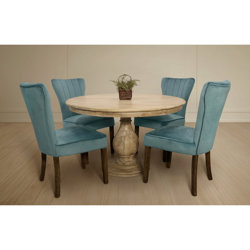 Wencel 48" Round Dining Set With 4 Chloe Chairs In Contemporary Teal Velvet