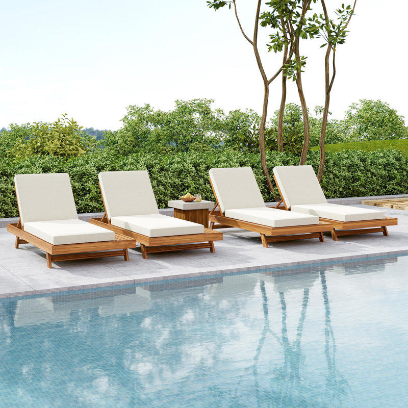 Allan Patio Acacia Wood Chaise Lounge With Adjustable Backrest & Triple-Fold Cushion, Cream