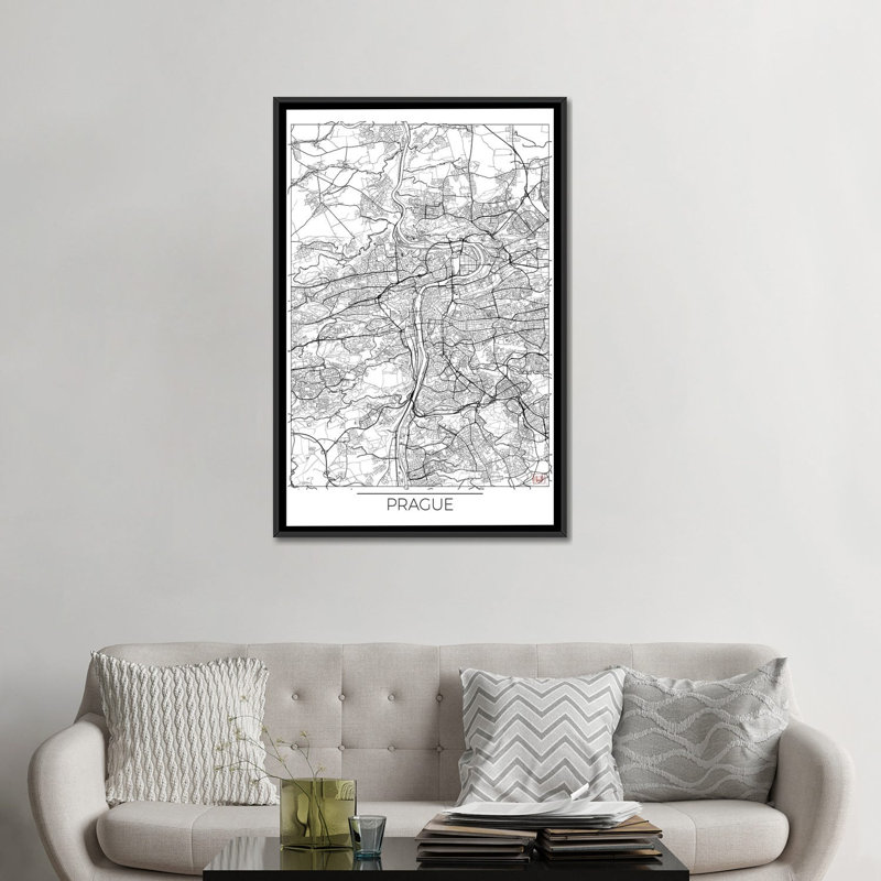 « prague minimal blueprint map », impression sur toile, H 26 po x l 18 po x P 1,5 po, Toile avec cadre noir, Pas de tapis