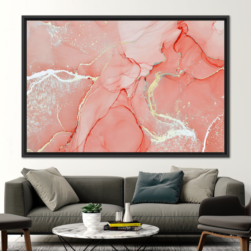 Luxury Coral and Marble Artwork - Shimmering Alcohol Ink Wall Poster on Canvas, 20 cm H x 30 cm W, Black Floater Framed
