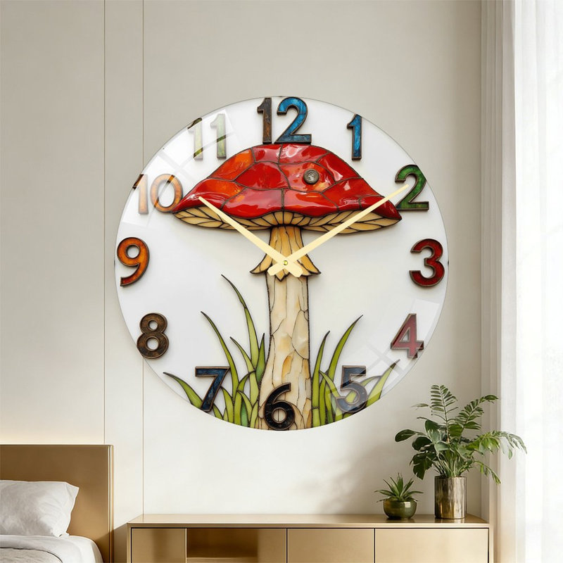 Horloge murale rouge en verre coloré champignon rouge (1) Art - Horloge murale 24 po