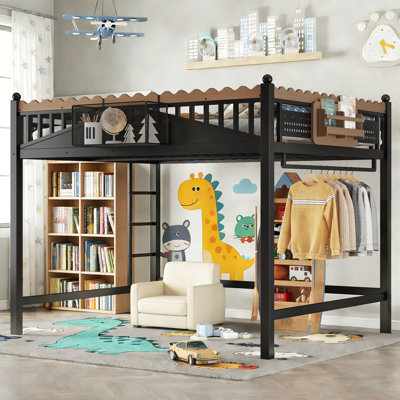 Queen Size with storage and Hanging Rod for Kids Teens Adults, Metal Loft Bed Frame with Shelves and Organizer/High Guard Rails, Space-Saving and Easy Assembly/Climb, Black