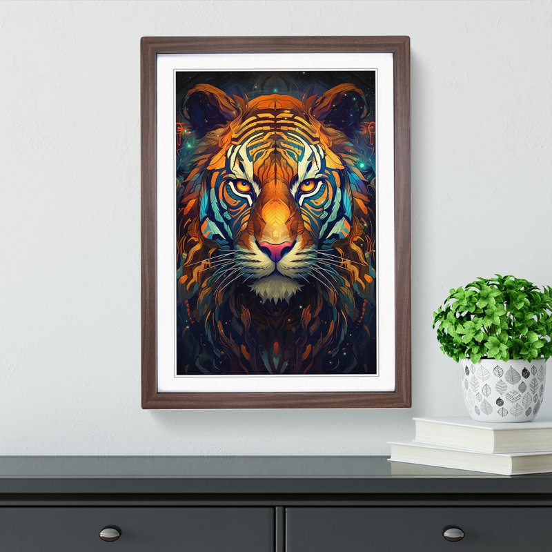 XYZ-FRM-V1223-1628 Tiger Futurism - Single Picture Frame Print on Wood, Walnut, 46cm H x 34cm W x 2cm D