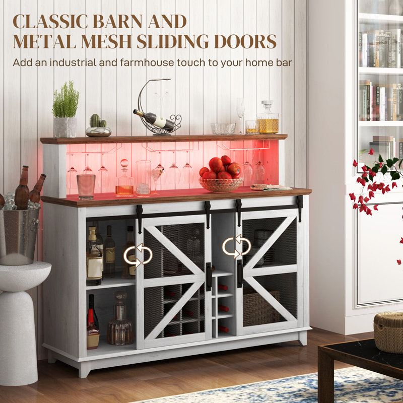 Farmhouse Wine Bar Cabinet with LED Lights, Sliding Barn Doors, 55" Coffee Bar Cabinet with Wine Racks and Glass Holder, Sideboard for Kitchen,wood