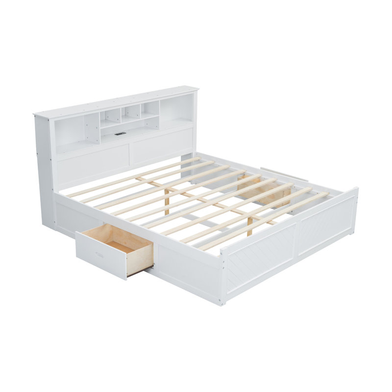 Lit plateforme très grand en bois avec tête de lit multi-rangement, USB et tiroirs, blanc