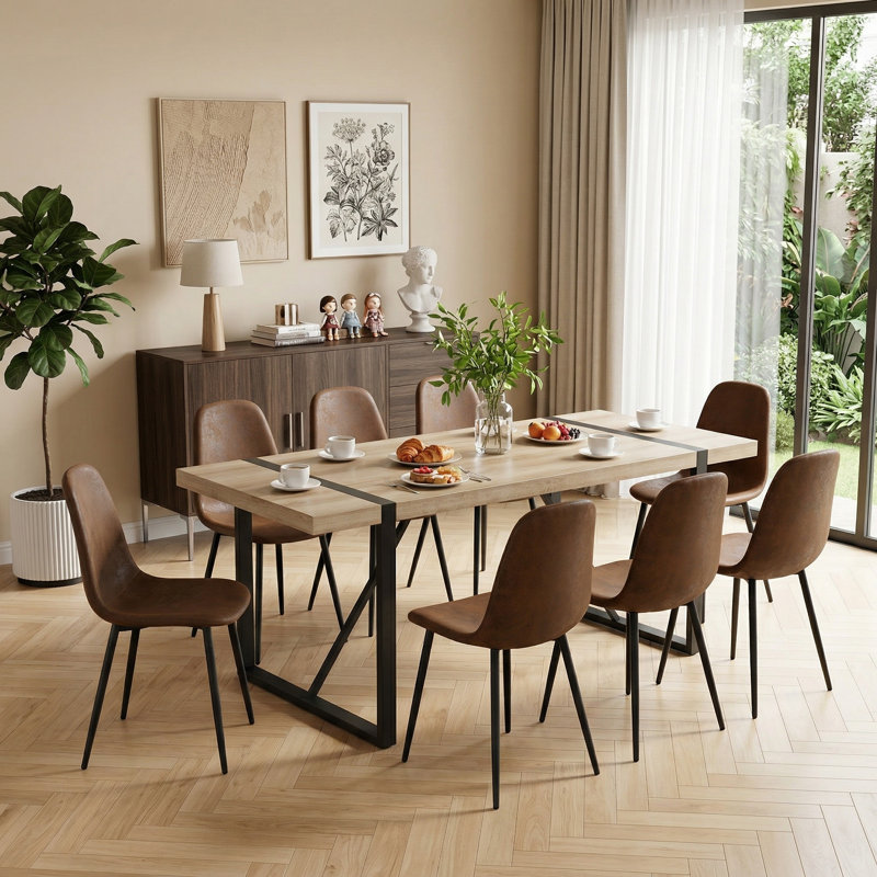 Modern Industrial 9-Piece 71" Dining Set with Geometric Base and Upholstered Chairs, Brown
