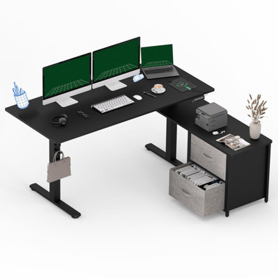 63" L-Shaped Reversible Standing Desk With Drawers & Shelves, Height Adjustable Executive Desk For Home Office