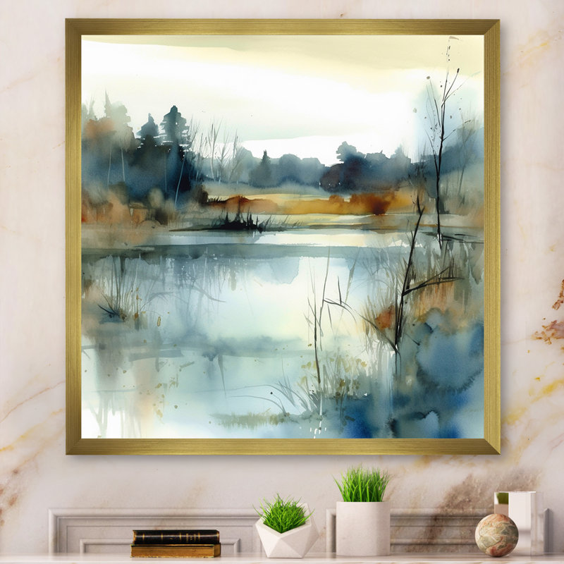 Illustration d'un paysage de lac d'été II, Doré, H 36 po x l 36 po, Cadre photo unique