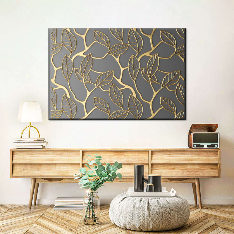 Impression sur toile à motif de feuilles d'or, H 26 po x l 39 po x P 1,25 po