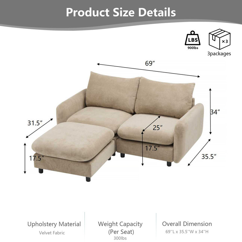 69" L-Shaped Modular Sectional Sofa with Ottoman, 3-Piece Velvet Couch with Solid Eucalyptus Wood Frame, Free Combination Design for Small Spaces and Apartments