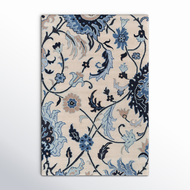 Tapis bleu / ivoire / beige en laine touffeté à la main Alexander, Rectangulaire 8 pi x 11 pi